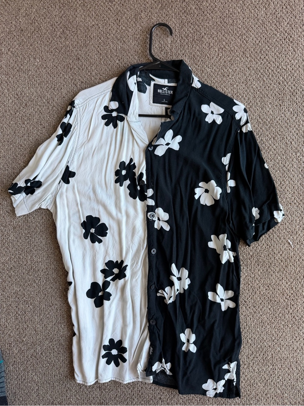 Hollister Black & White Floral Split-Panel Button-Up Shirt
